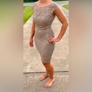 Formal lace/sequined gray knee length dress. Size 13/14